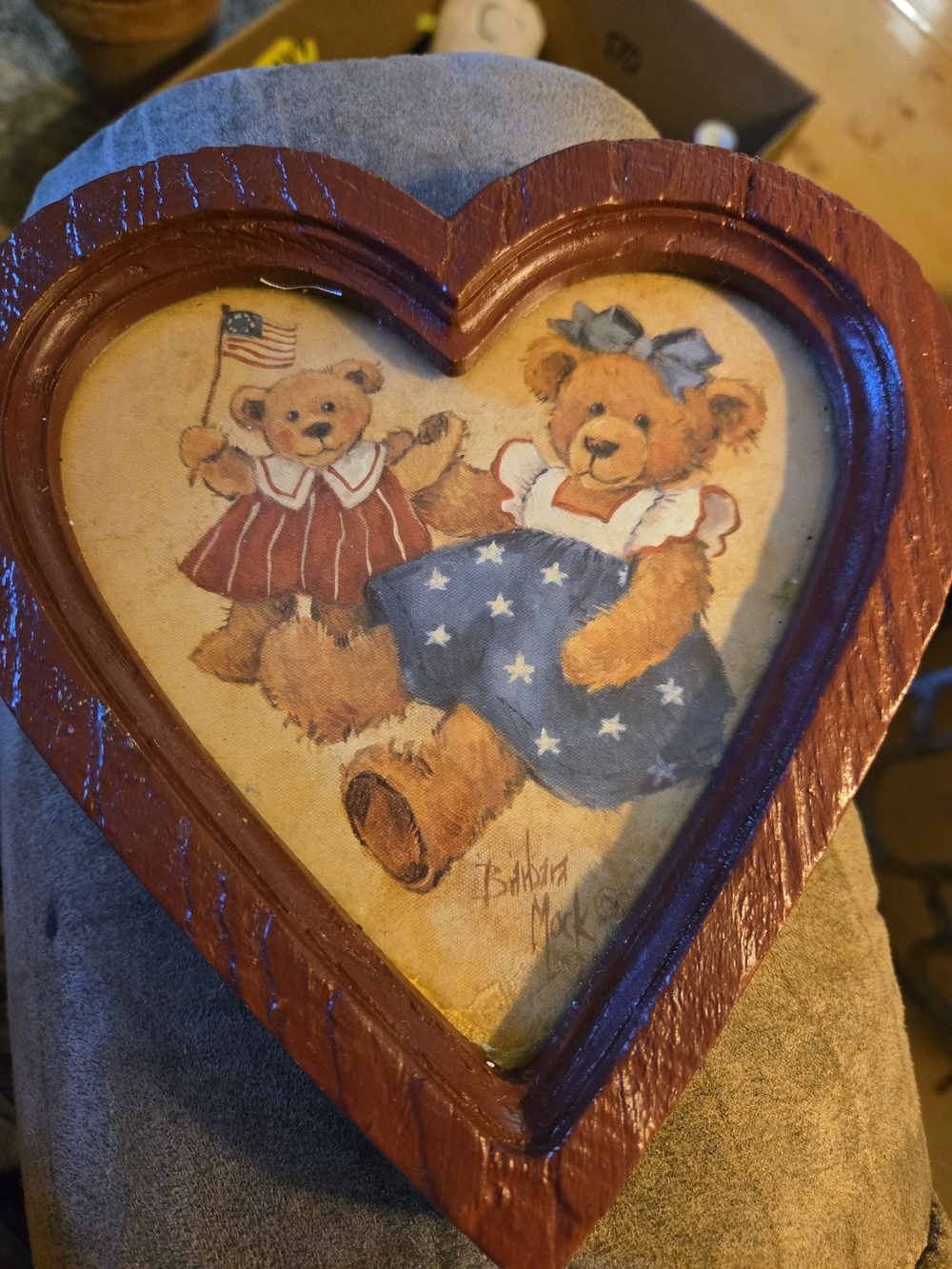 Homco Heart-Shaped Red Wooden Picture Frame with Patriotic Teddy Art